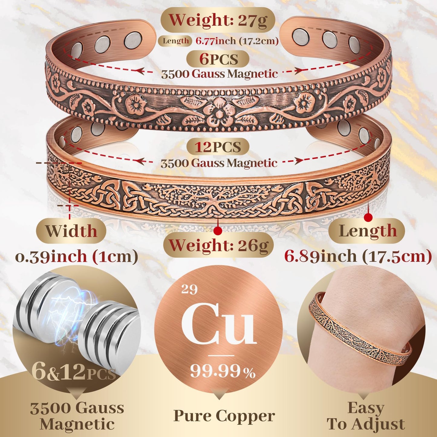 Auramag Copper Bangle for Women, Magnetic Cuff Bangle with 3500 Gauss Magnets, 100% Pure Copper Jewelry with Gift Box(Set of 2)