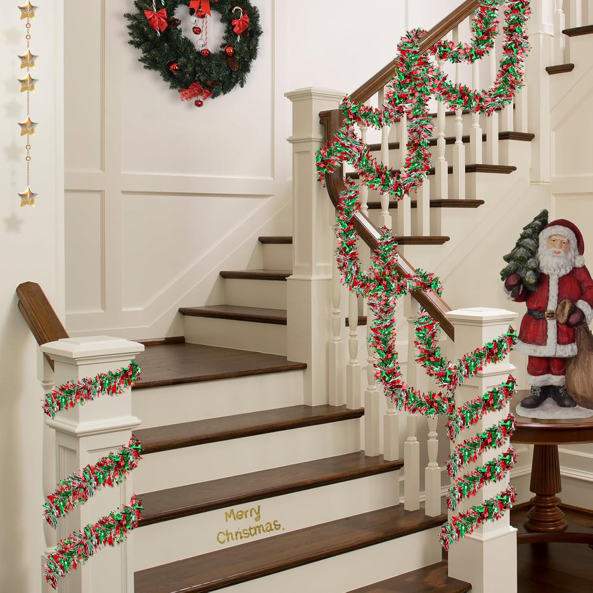 50 Feet Christmas Tinsel Garland Metallic Tinsel Garland Christmas Tree Decorations for Christmas Indoor and Outdoor Decoration (Red, Green and Silver)