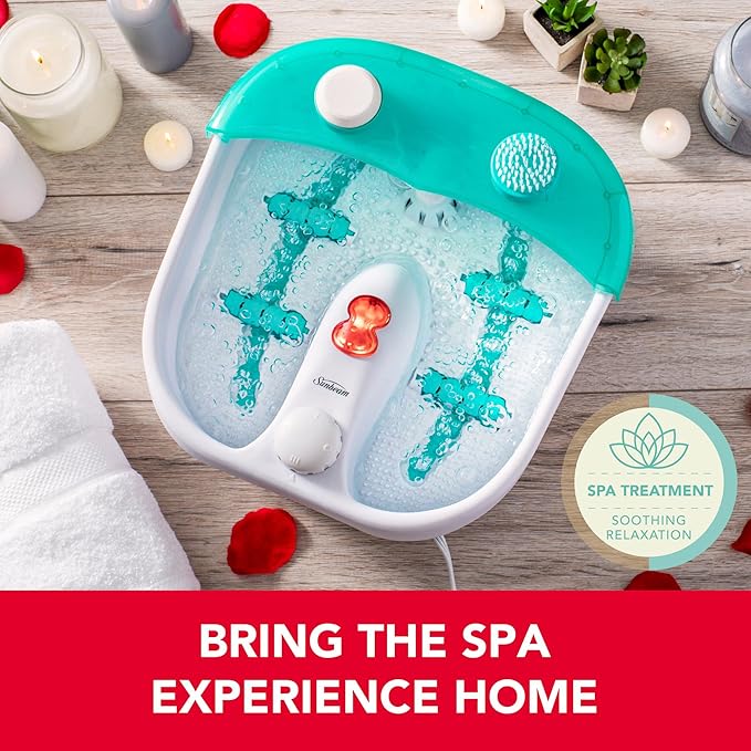 Sunbeam Deep Reservoir Aqua Therapy Foot Spa Foot Bath with Heat, Bubbles, Massage Rollers with Exfoliating Brush and Pumice Stone Pedicure Attachments, Extra Long Basin