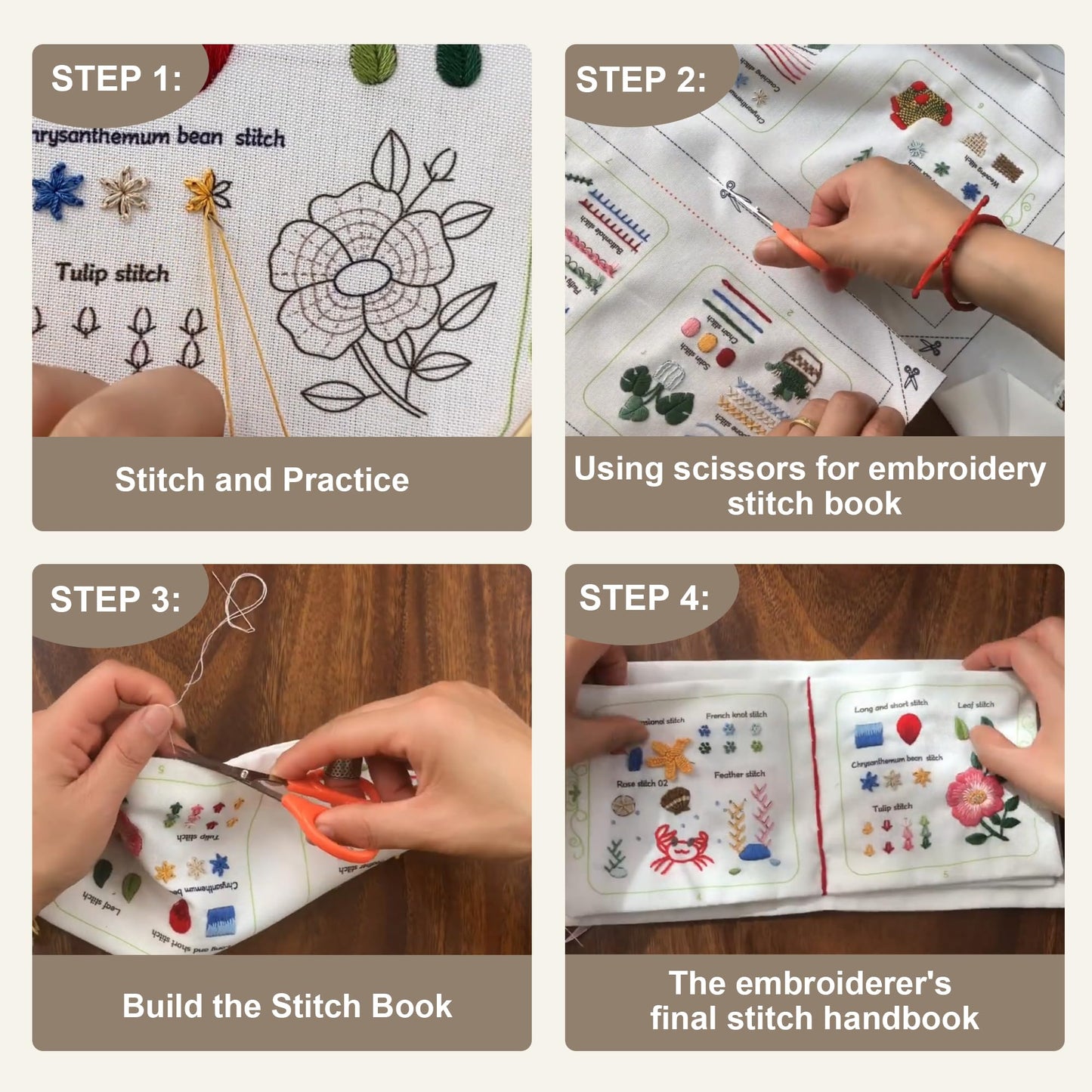 Embroidery Stitch Book Kit for Beginners & Adults,33 Essential Stitches Practice Samplers,6.29 inch Hoop, Floss & Needles, Step-by-Step Guide and Video Tutorials, DIY Needlework Gift