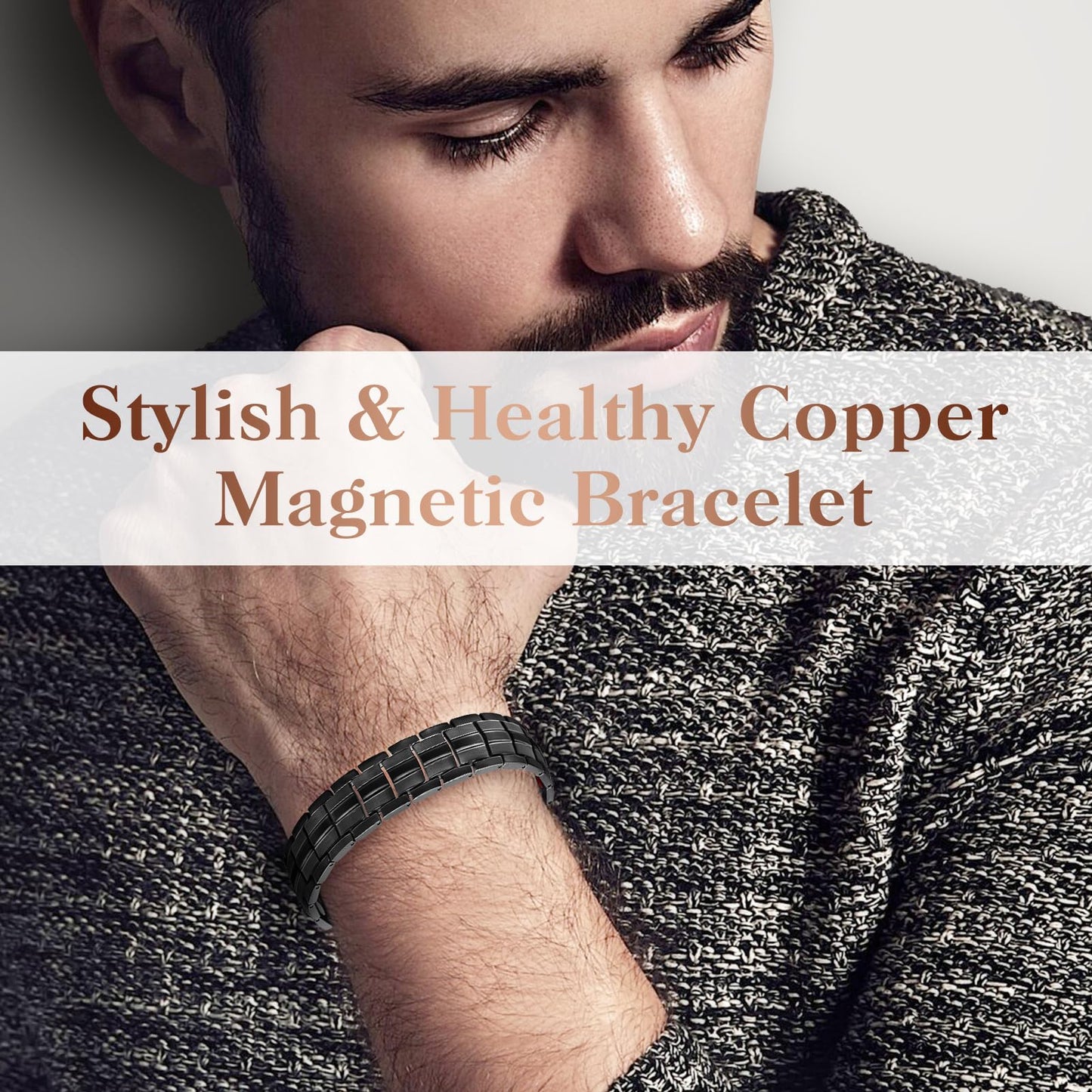 Mahnco Magnetic Bracelet for Men Adjustable Titanium Steel Men’s Bracelet with Double Rows Effective 4 Elements Magnets & Remove Tool (Black Classic)