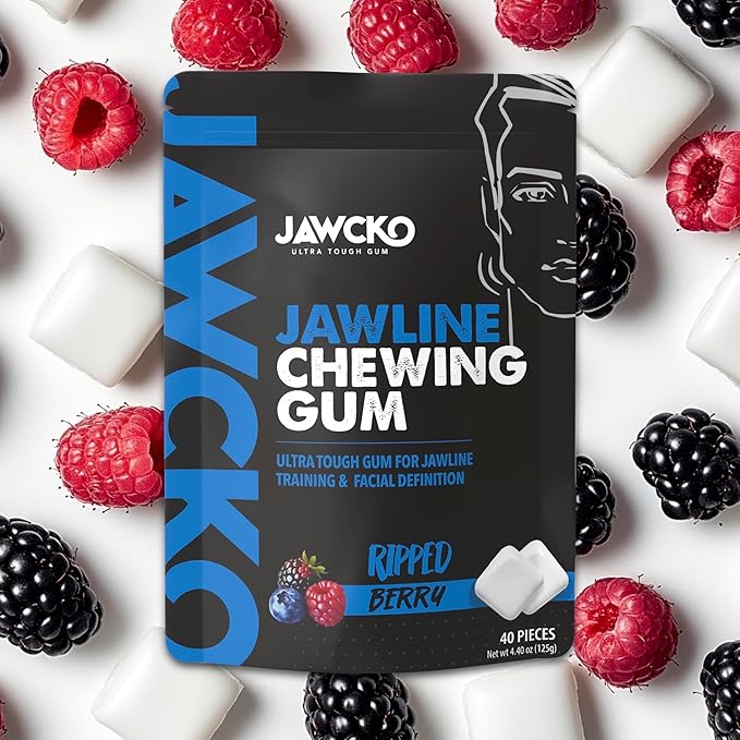 JAWCKO Ultra-Tough Jawline Chewing Gum | Get a Stronger, Squarer Jawline | Ripped Berry Jaw Training Hard Gum | 15X Strength | Chisel, Sculpt, Tone your Jaw | Facial Fitness Mewing Gum | 40 Pieces/Pack