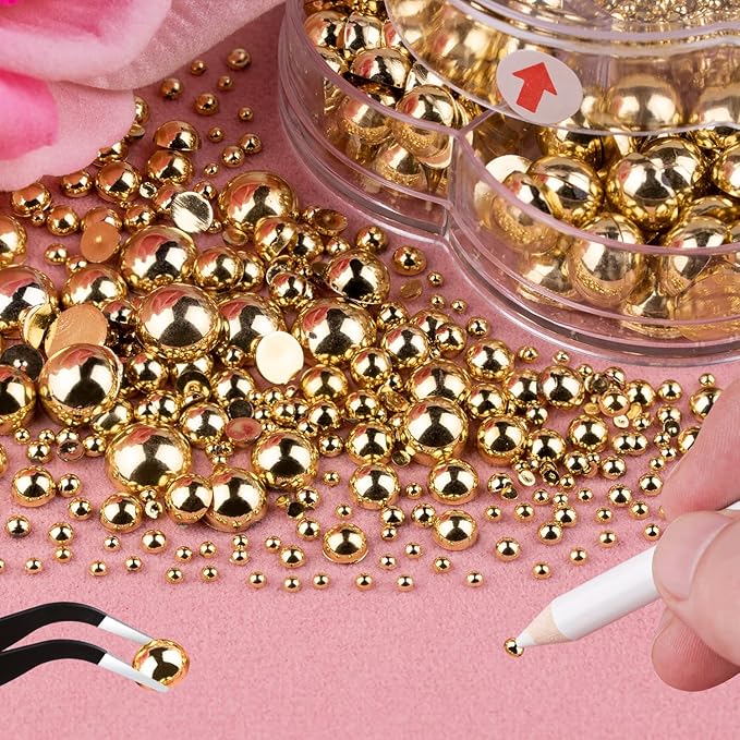 Nail Art Flat Back Half Round Pearl Kits 11, 1 Box of 6000 Pcs Flat-Back Gold Pearl with Tweezer and Picker Pencil for Home DIY Nails Body Face Craft and Salon Use