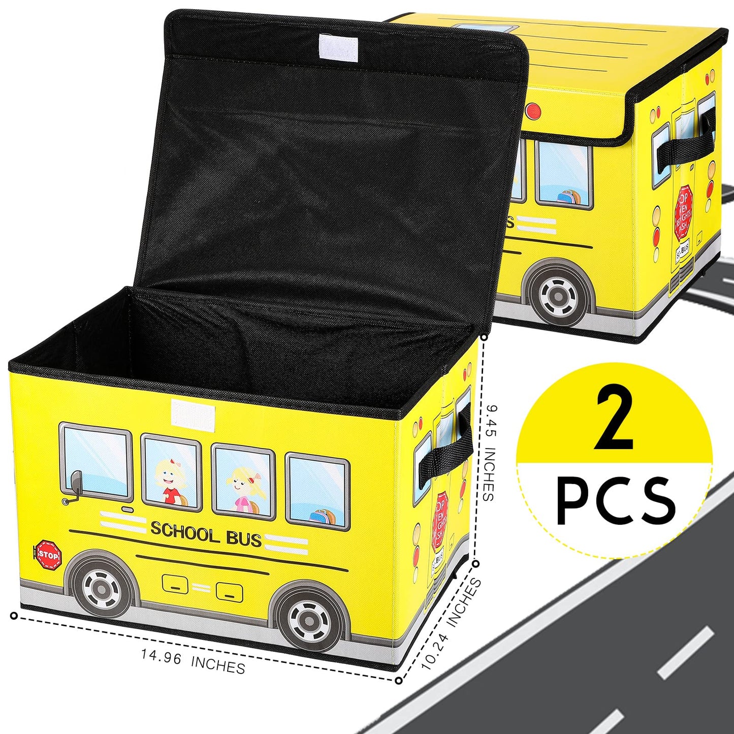 Sweetude 2 Pcs School Bus Treasure Box for Classroom, Foldable Chest Storage Toy Box Chest with Lid Treasure Storage Organizer Bin for Kids Teachers Toy Prizes Awards for Students(Yellow)