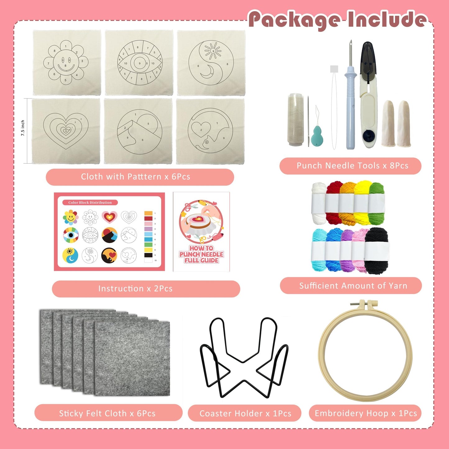 SEREDH Punch Needle Coasters Kit for Beginners Adults Easy Needle Punch Embroidery Kit Set Threader Instruction Fabric Hoop Yarn Tufting Coaster DIY Making,Coaster Holder Coaster Art Craft Supplies