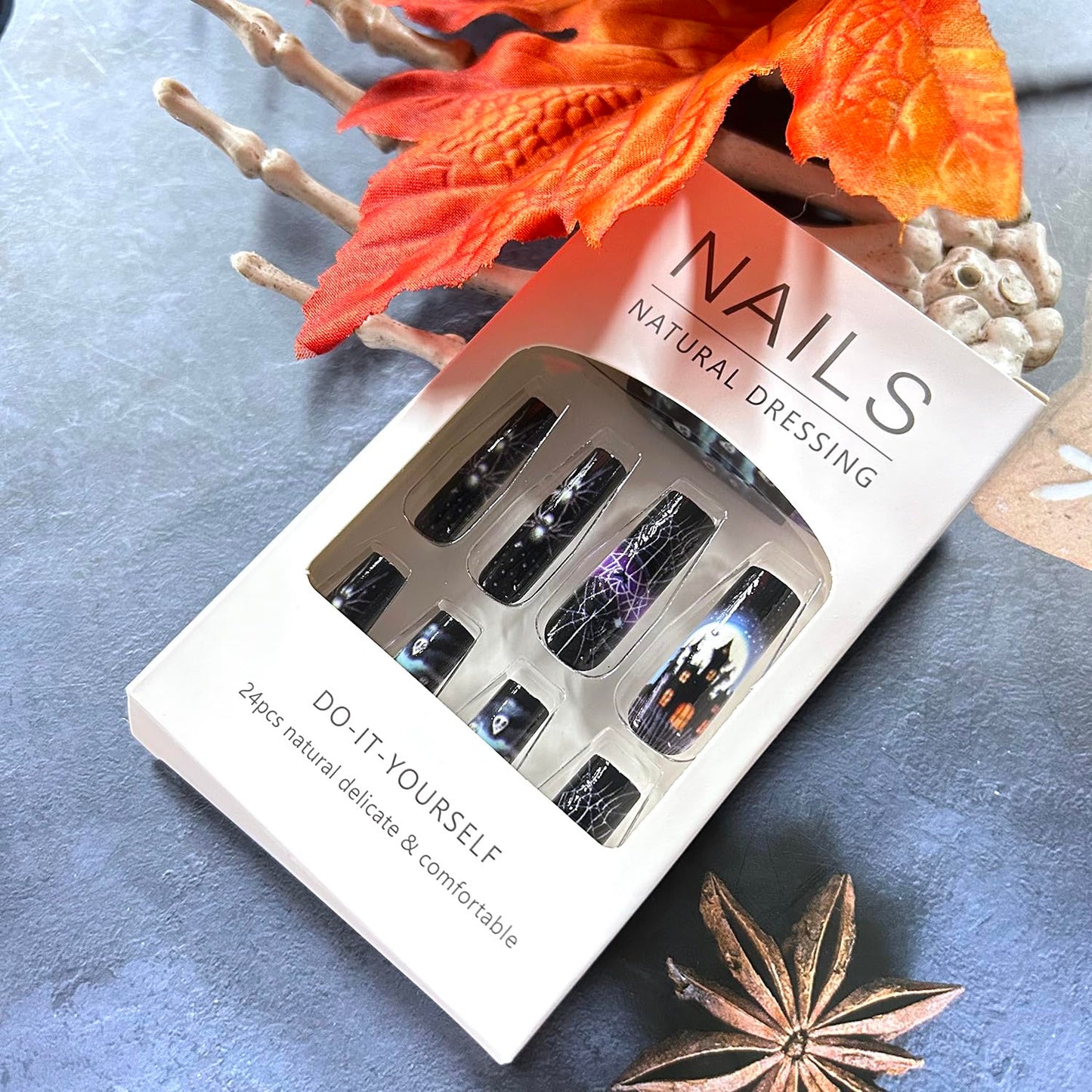 Halloween Press on Nails Long Ballet Shaped Bat Spider Web False Nails Full Cover Artificial Acrylic Fingernails Ghost Pumpkin Design Halloween Nail Glossy Festivla Glue on Nails for Women Supplies