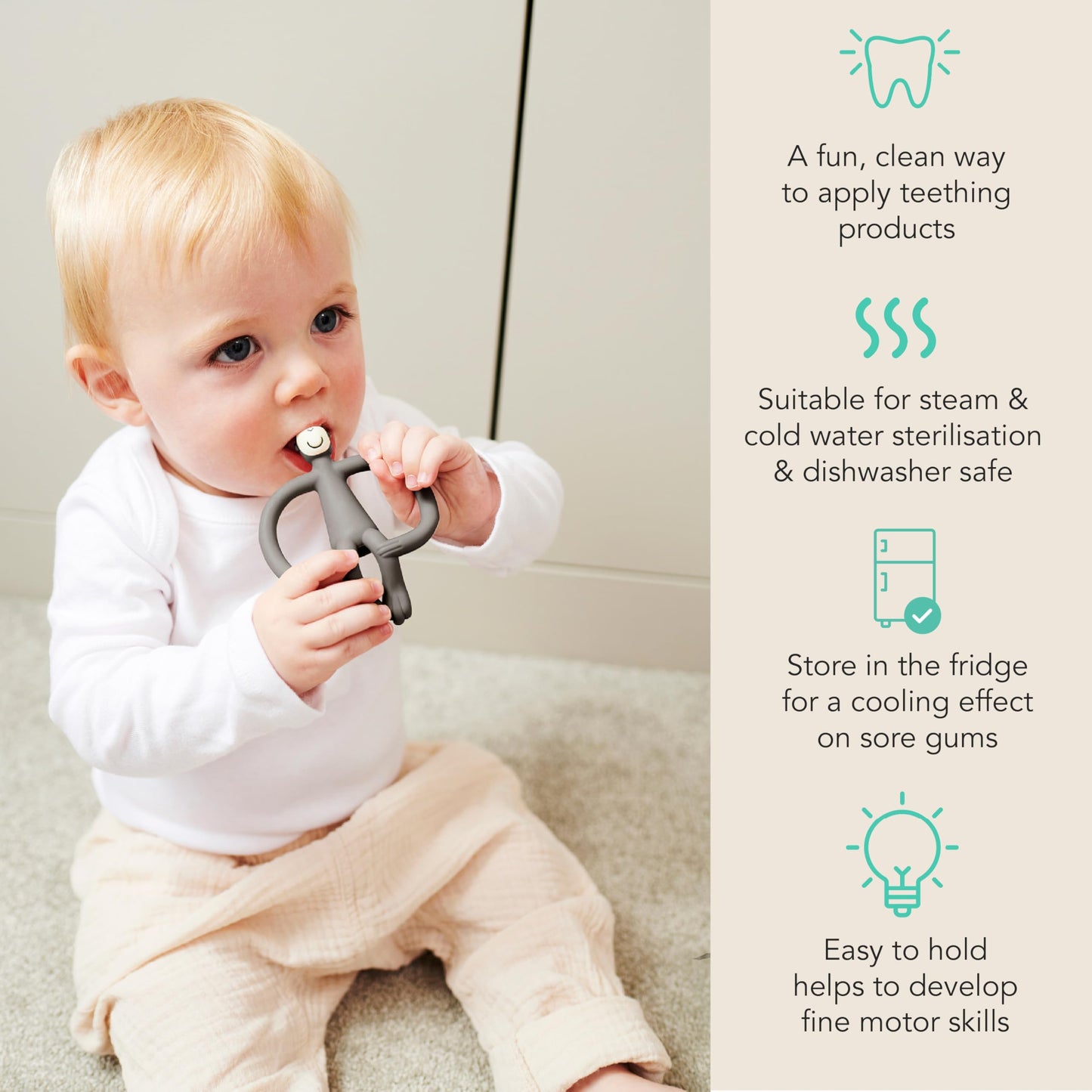 Matchstick Monkey Original Teether & Gel Applicator – Silicone Baby Teether, Easy-to-Grip, BPA-Free, Supports Self-Soothing & Early Brushing, 3 Months+, 4 Inches, Grey