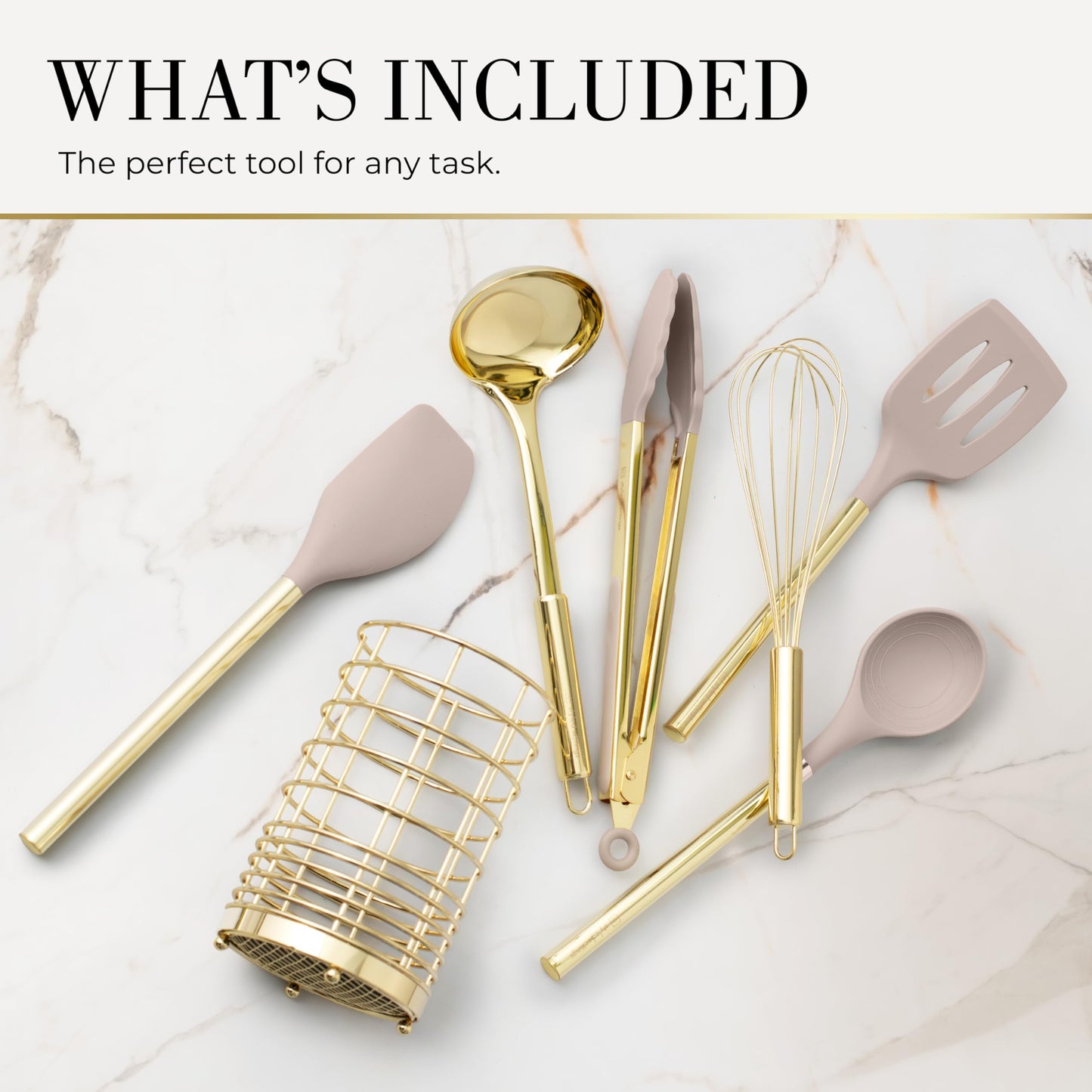 7-Piece Beige & Gold Kitchen Utensils Set – Non-Toxic Silicone & Stainless Steel Tools for Cooking, Serving, & Hosting – Ideal for Nonstick Cookware & Modern Kitchens, with Gold Utensil Holder
