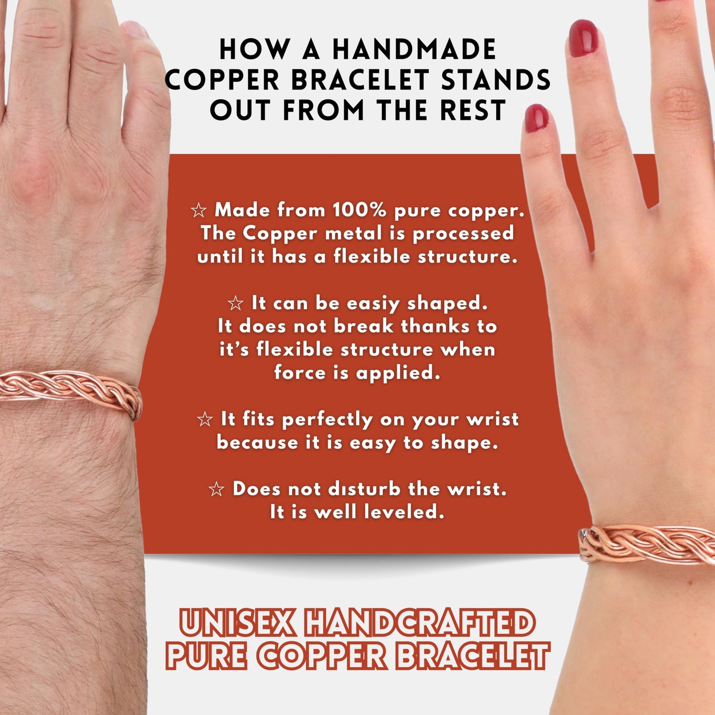 tunarts Handmade Elegant Copper Bracelet for Women and Men-Pure Copper Bracelet for Pain Relief-Adjustable,Thickest,Twisted Copper Wire Bracelet (red intricate-small)