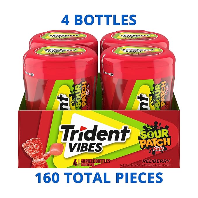 Trident Vibes SOUR PATCH KIDS Redberry Sugar-Free Chewing Gum, 4-40 Piece Bottles (160 Total Pieces)