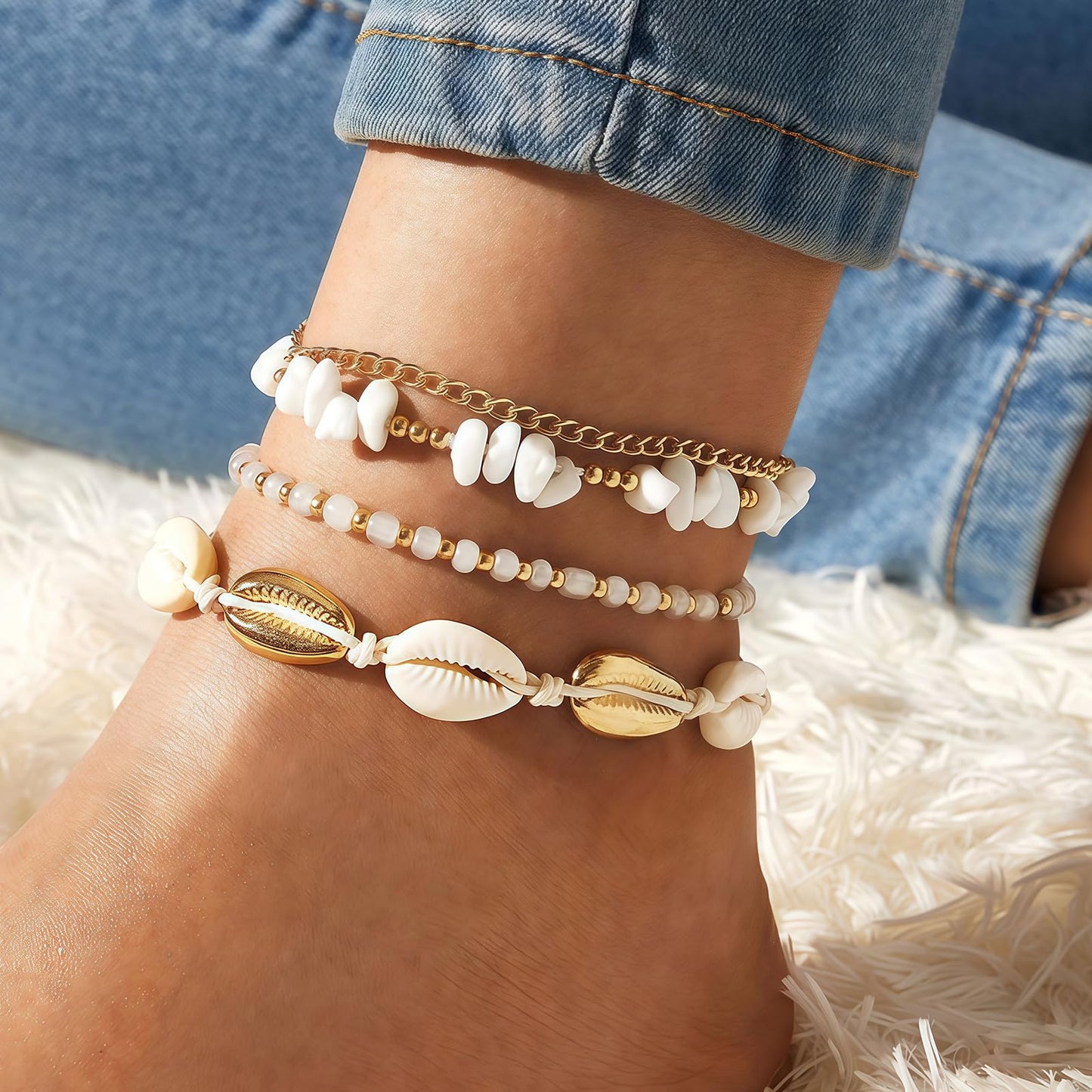 Qceasiy Shell Ankle Bracelet Set for Women, Gold Plated Boho Bead Adjustable Anklet, Hawaiian Beach Seashell Pearl Heart Starfish Conch Foot Jewelry Gifts (Stone Shell 4Pcs)