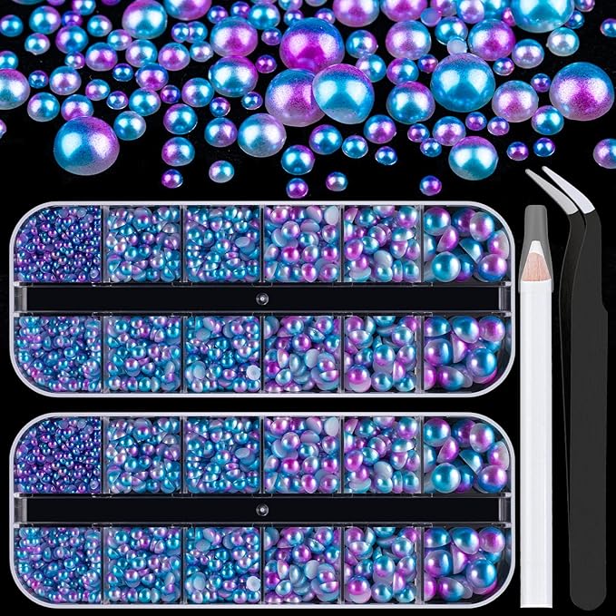 Belleboost Flat Back Pearls Kits 2 Boxes of Flatback Blue Mermaid Half Round Pearls with Pickup Pencil and Tweezer for Home DIY and Professional Nail Art, Face Makeup and Craft