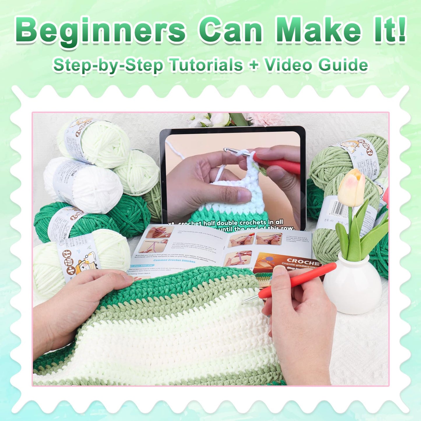 Reessy Crochet Blanket Kit for Beginners Adults – Gradient Green Ombre Throw Blanket Kit with Soft Chenille Yarn, Hooks & Instructions – Handmade Crochet Starter Set for Adults