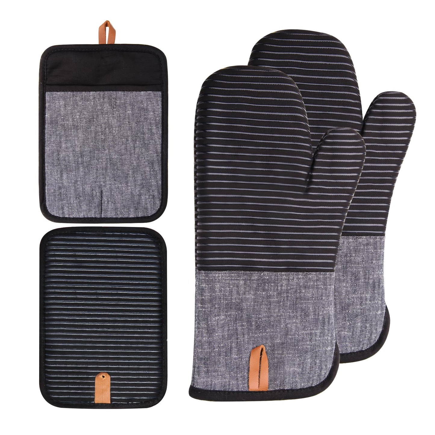 4PCS TIPTAP Oven Mitts, Kitchen Oven Mitts Set, Non Slip Cotton Oven Mitt and Pot Holders,Heat Resistant, Machine Washable,2 Long Mit and 2 Pot Holder(Black)
