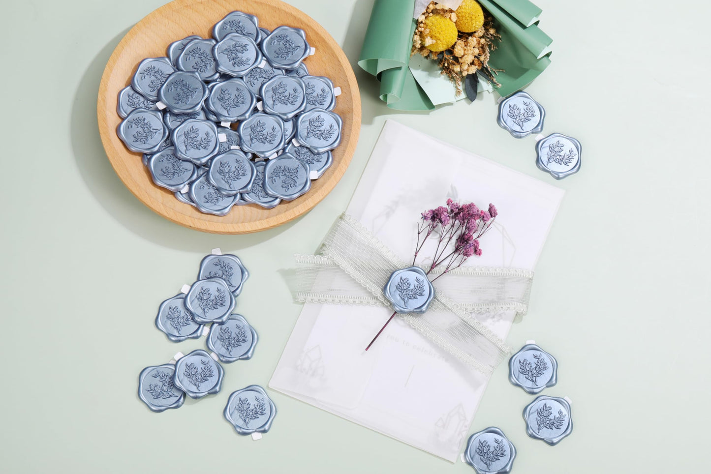 Yoption Eucalyptus Wax Seal Stickers, 50 Pack Metallic Blue Wax Seal Stickers Self Adhesive Envelope Seals for Wedding Party Birthday Christmas Invitations