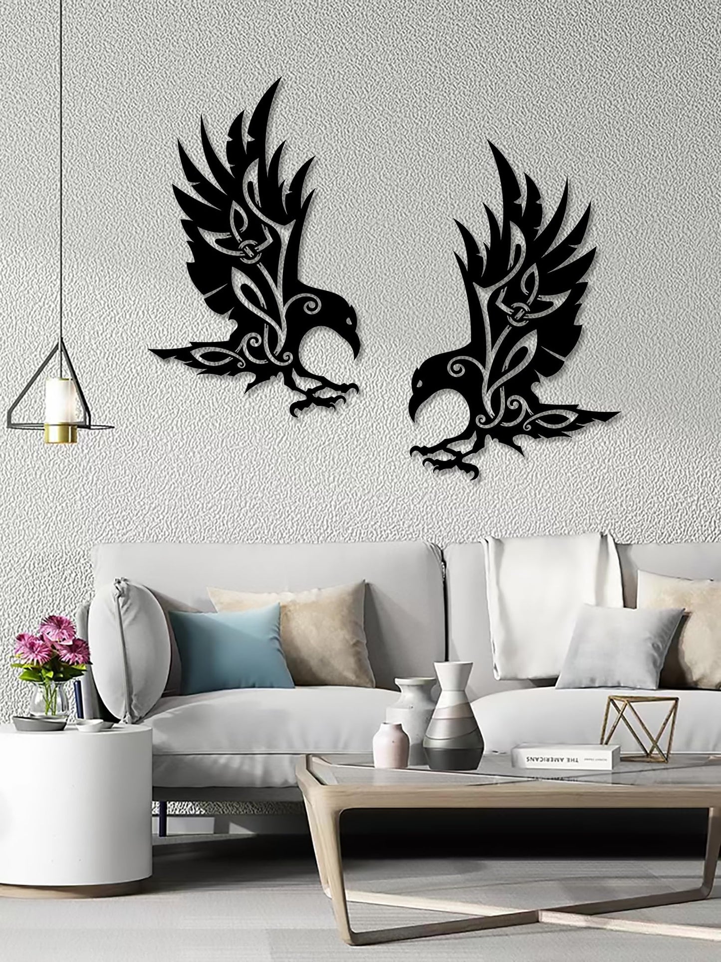 Viking Raven Wall Decor Metal Crow Wall Art Gothic Home Decorations Celtic Art for Living Room Bedroom Indoor Outdoor (Black 2 Set)