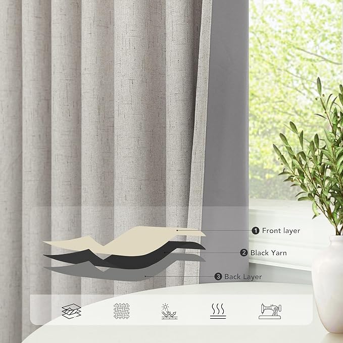 Black Out Linen Curtains 108 Inches Long for Living Room 2 Panels Set Total Blackout Flax Pleated Drapes Back Tab Neutral Boho Ceiling Floor 108 Inch Window Curtains Bedroom Cottage Core Stone Taupe