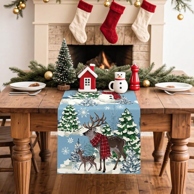 Artscope Reindeer Snowman Christmas Tree Table Runner, Xmas Winter Snowflakes Holiday Kitchen Dining Table Decoration for Christmas Home Party Decor 13x120 Inch-Light Blue