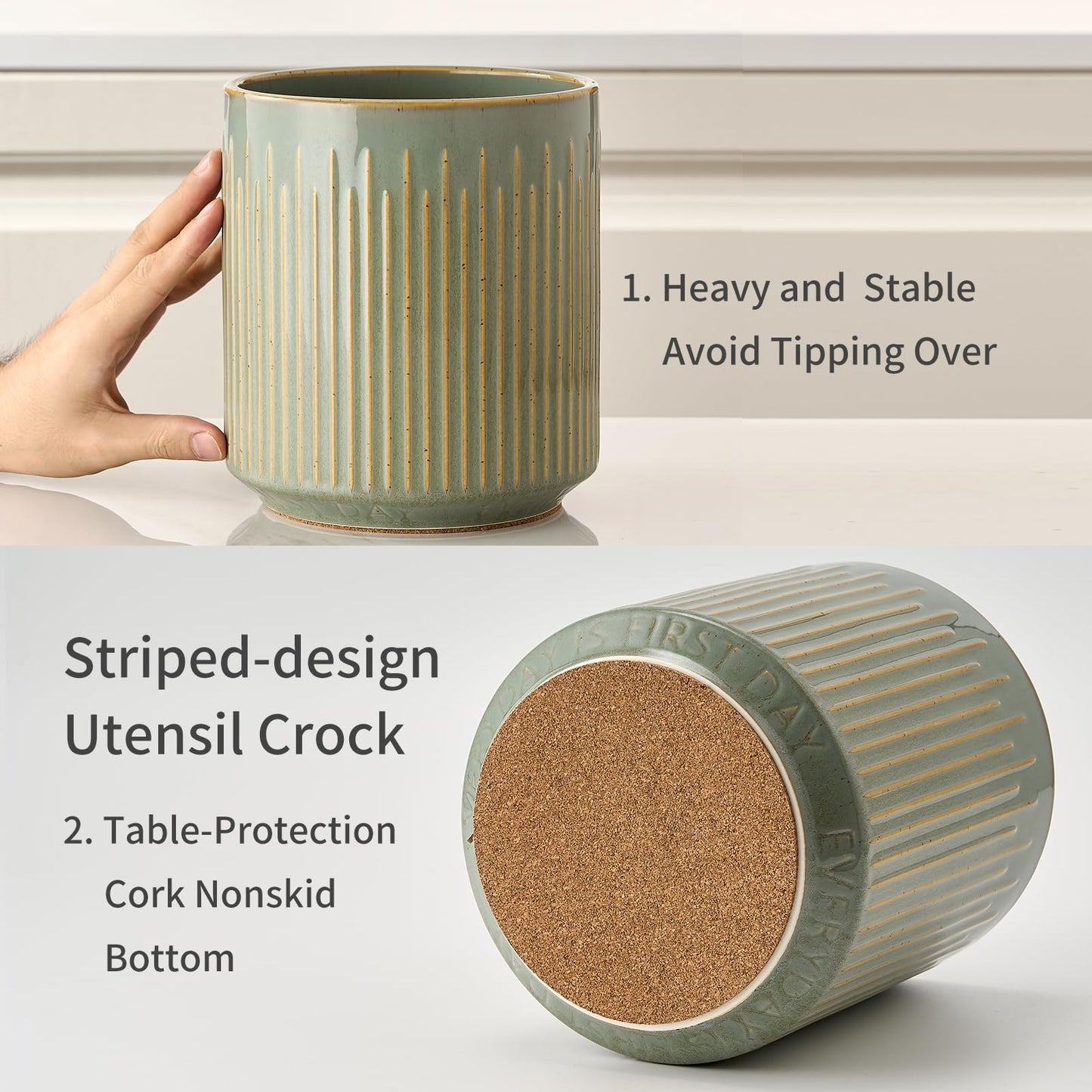 JIEMEI HOME Kitchen Utensil Holder, Ceramic Stable Utensil Crock for Countertop, 7.2" Large Utensil Organizer with Cork Mat, Removable Bamboo Divider for Kitchen Décor and Accessories, Wild Sage Earth