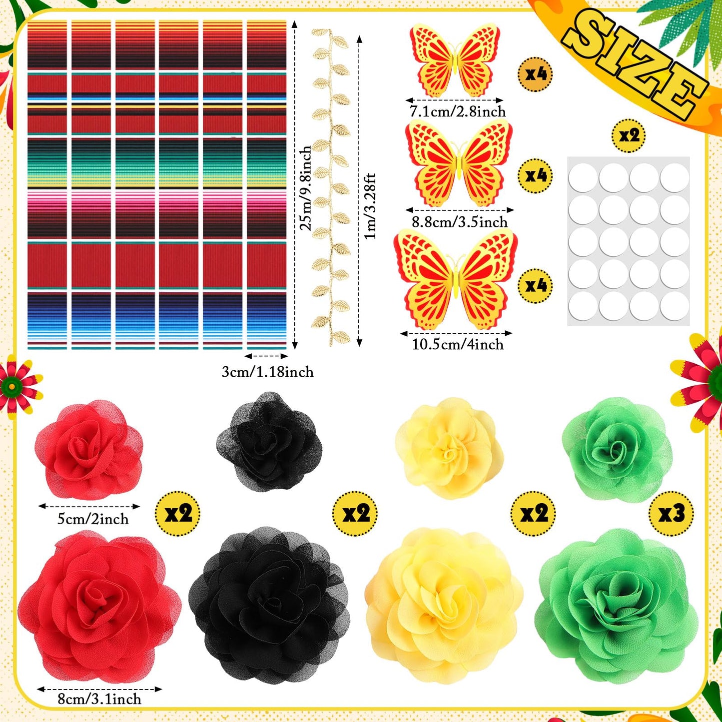 Fullhawl 37 Pcs DIY Mexican Graduation Cap Decorations Accessory Kit Include Chiffon Flower Heads 3D Butterfly Mexican Striped Sticker Gold Leaves Graduation Cap Decoration DIY Decor(Black)