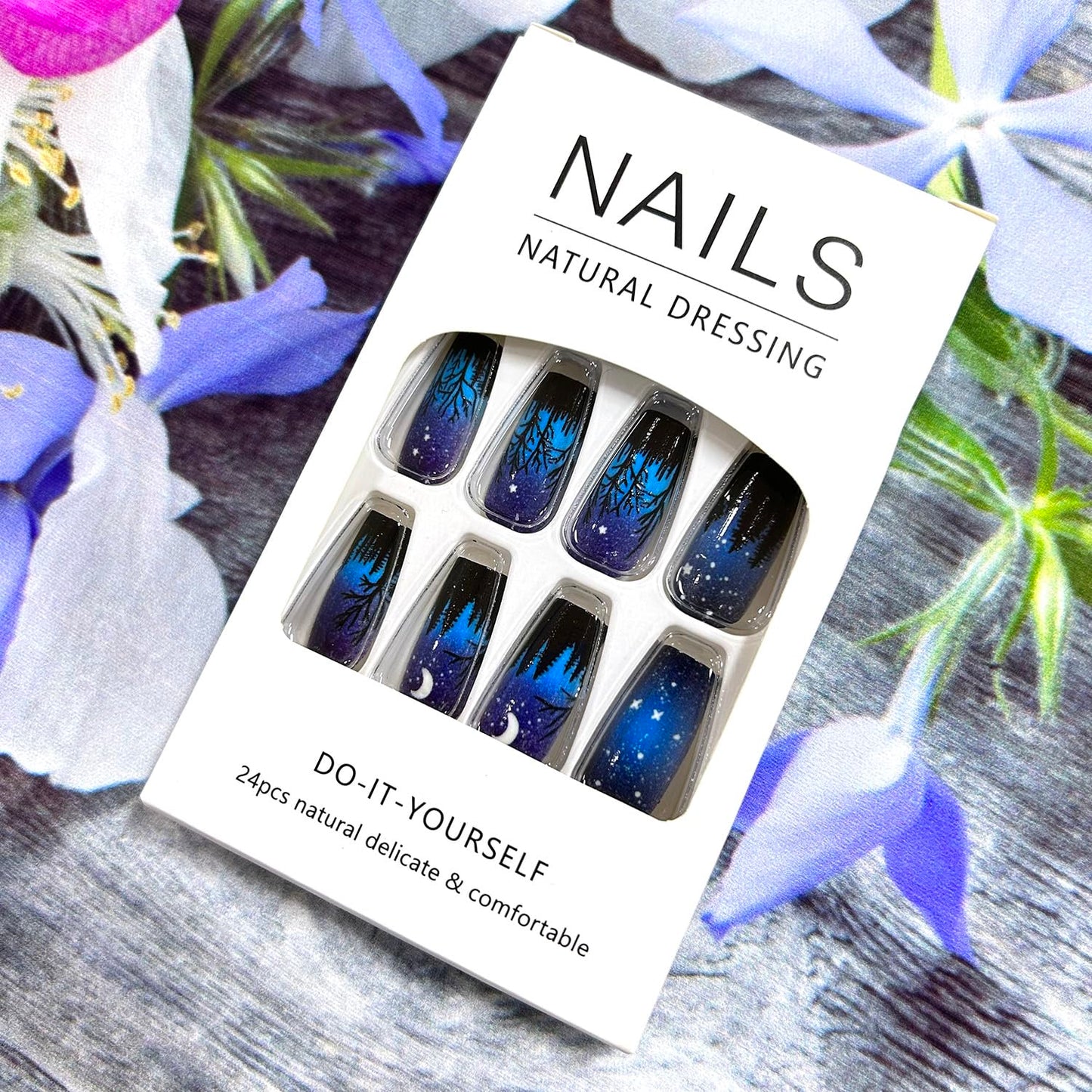 Press on Nails Medium Square Aurora Blue Night Black Forest Design False Nails Artificial Nails Full Cover Nails Acrylic Coffin Nails Reusable Glue on Nails DIY Stick on Nails for Women 24Pcs