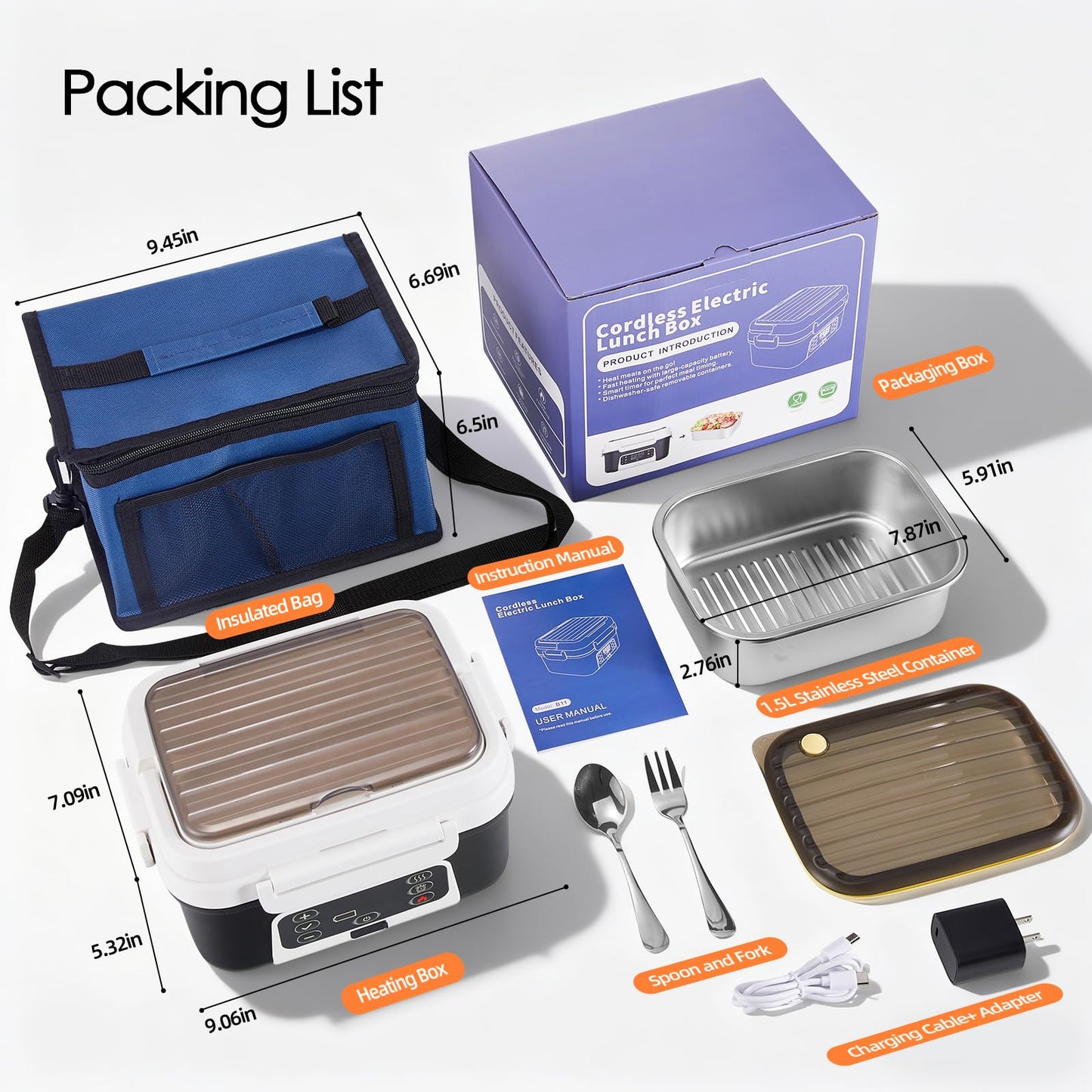 Odopok Cordless Electric Lunch Box, 6.3 Cup 100W Heated Lunch Box with 20000mAH Battery Powered for Self Heating, Including Fork Spoon and Insulated Bag for Men Women Adults, BPA Free(Black+White)