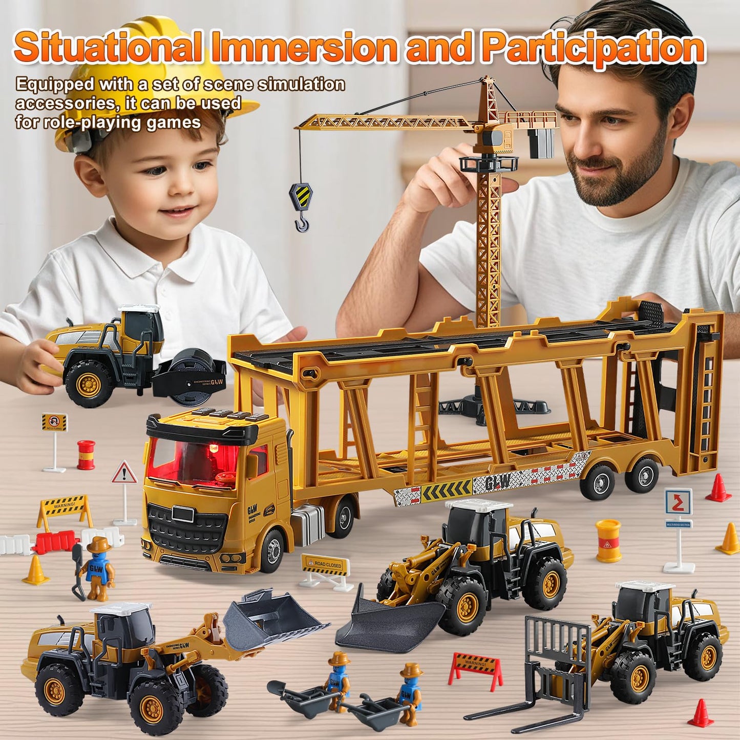 GLW Construction Trucks Toy Set – Alloy Inertia Driving 1:40 & 1:55 Simulation Model Toys, Including Forklifts, Wheel Loader, Road Rollers, Bulldozer, and High Cranes with Scenario Accessories