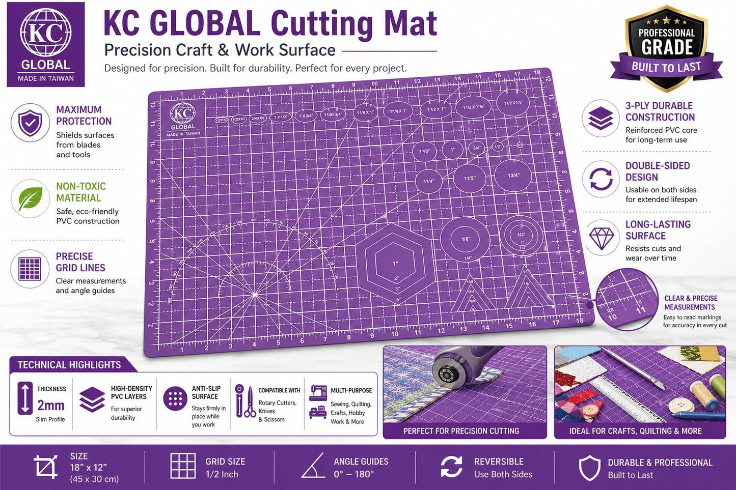KC GLOBAL A3 (19"x13") Professional Grade Self-Healing Cutting Mat (Purple) - Odor-Free, Double-Sided, Eco-Friendly, Non-Slip, Premium Desk mat for DIY, Crafting, Model Building,and Art Projects