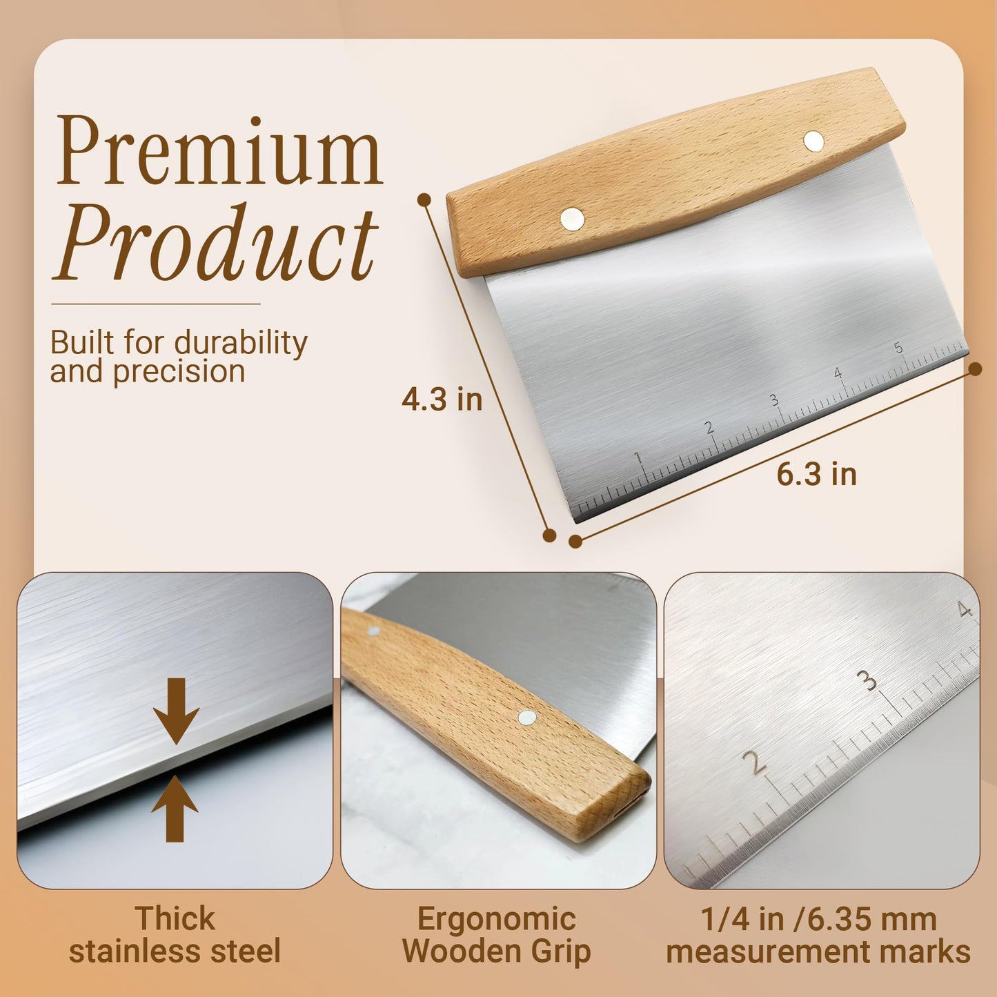 ROCKFEELTEE Multipurpose Bench Scraper, Dough Scraper and Dough Cutter for Flat Top Griddle, Bread, Pizza, and Pastry – Stainless Steel Griddle Scraper Chopper for Baking and Cooking