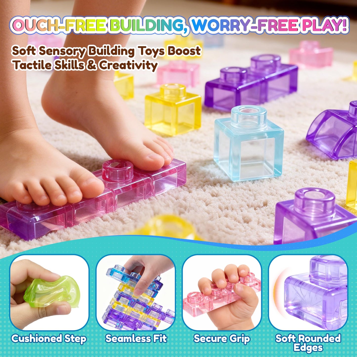 Soft Train Building Blocks with Wheels, 42 PCS Montessori Sensory Stacking Blocks, Toddler Learning Toy with Station, Squeezable, Stretchable & Stackable Tactile Toys, Preschool Creative Play for Kids
