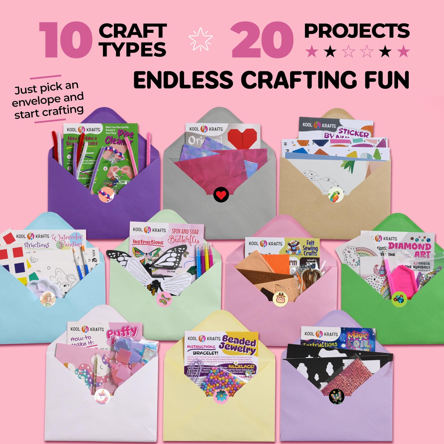 20 Arts & Crafts Kit for Girls – The Surprise Craft Box, All-Inclusive DIY Craft Set with 20 Fun Projects, Individually Packaged, Easy Step-by-Step Instructions, Creative Activity Gift for Kids