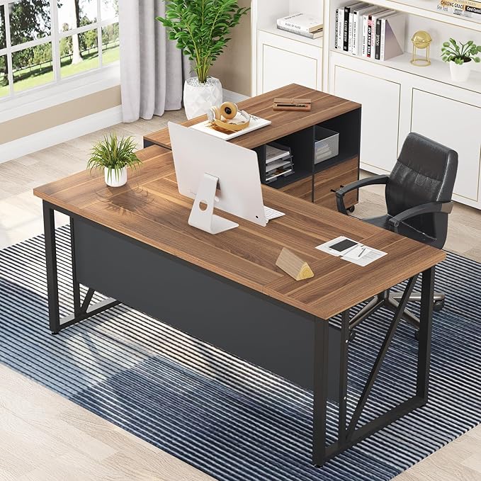 Tribesigns 63 inches Executive Desk and 47" lateral File Cabinet, L-Shaped Computer Desk Home Office Business Furniture with Drawers and Storage Shelves, Office Table,Brown and Black