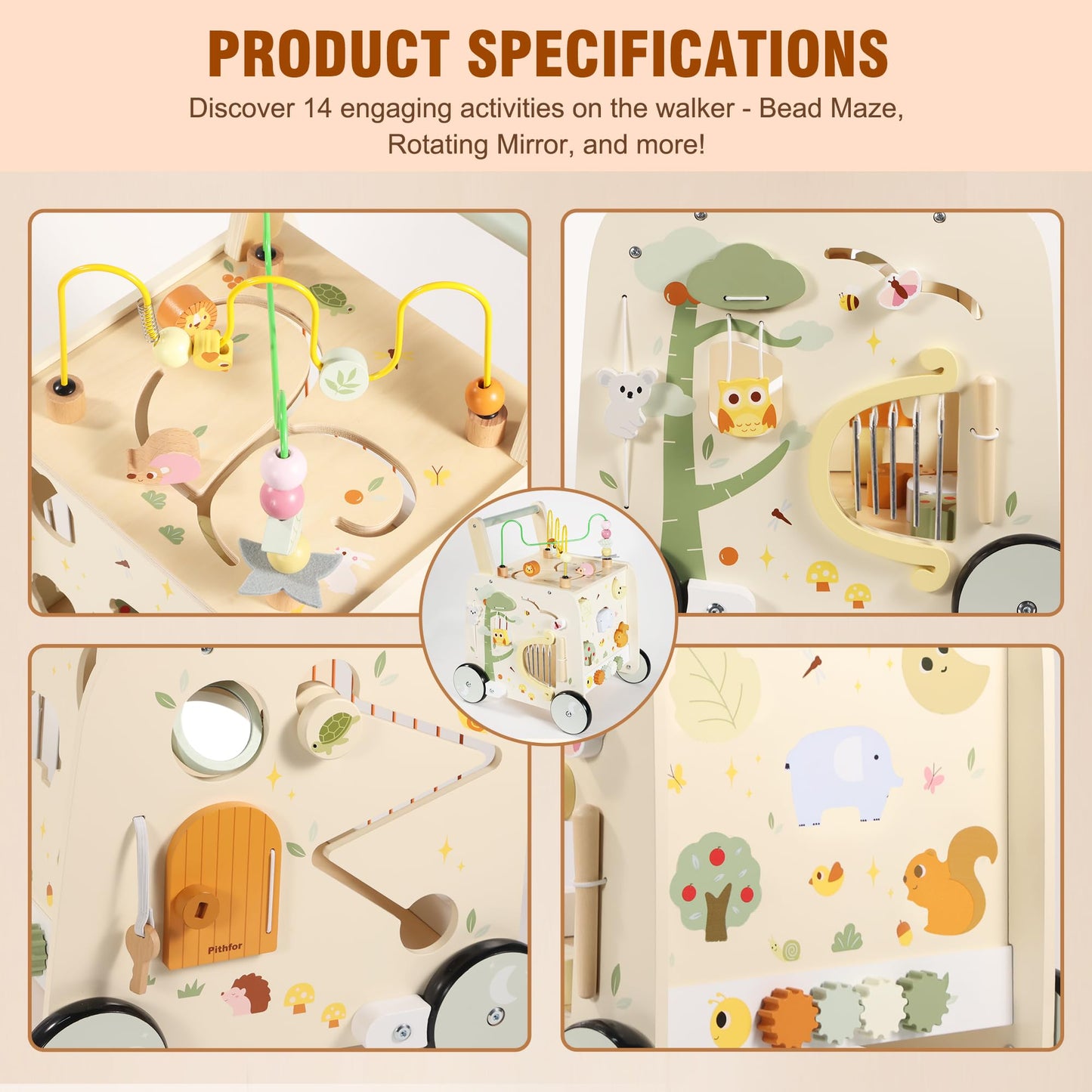 Pithfor Wooden Activity Cube Push Walker, Wooden Baby Walker, Montessori Push Toys for Babies Learning to Walk & Sit-to-Stand
