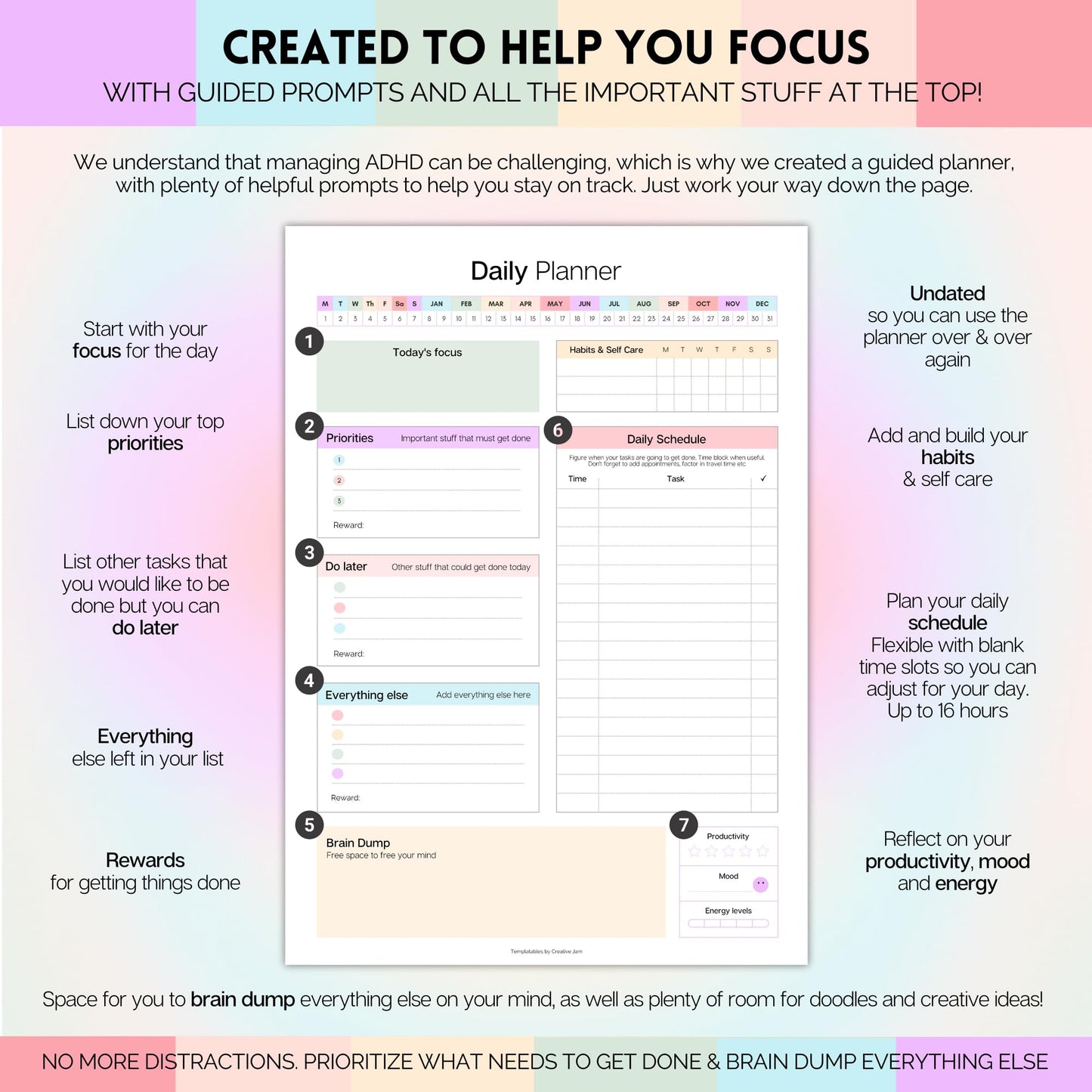 ADHD Daily Planner for Neurodivergent Adults - Productivity Daily Planner & Task Management to Stay Organized and Focused (Rainbow)