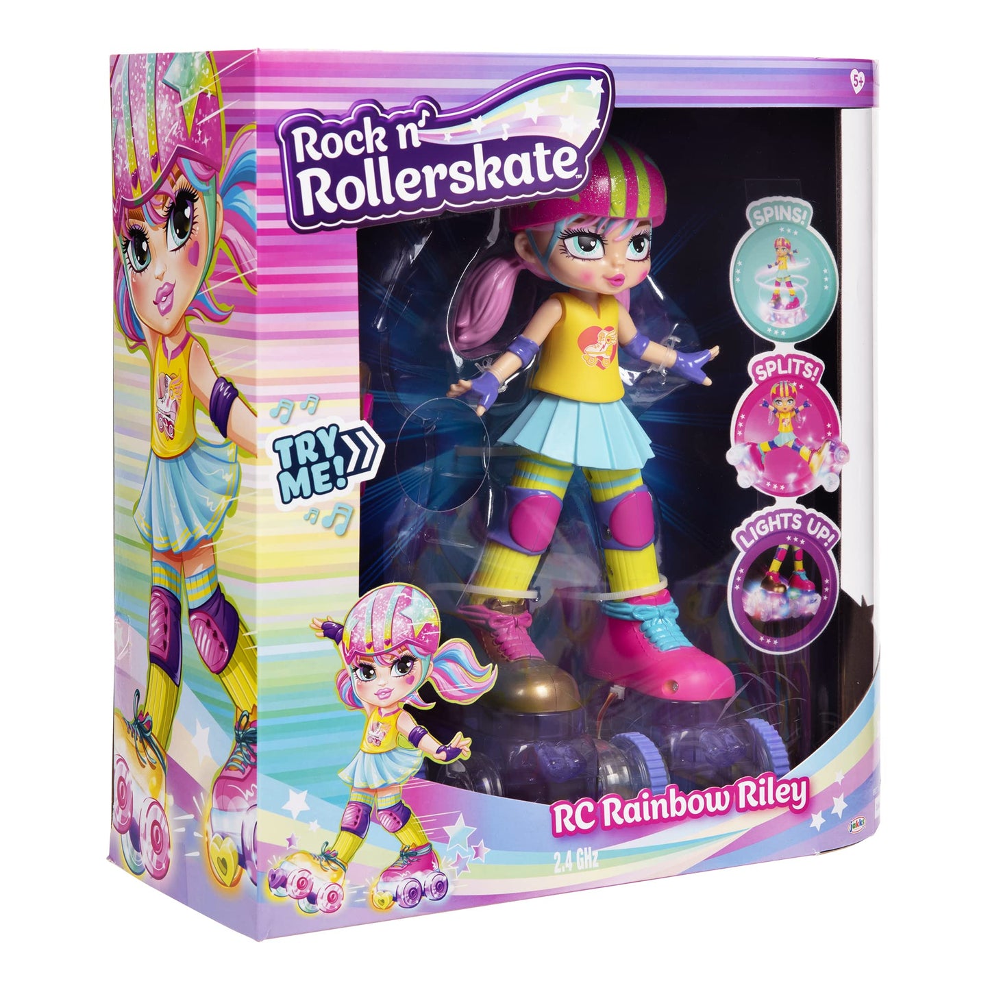 Rock N Rollerskate Doll Rainbow Riley Light Up Remote Control Rollerskating Doll - Plays Music and Skates!, 10" H