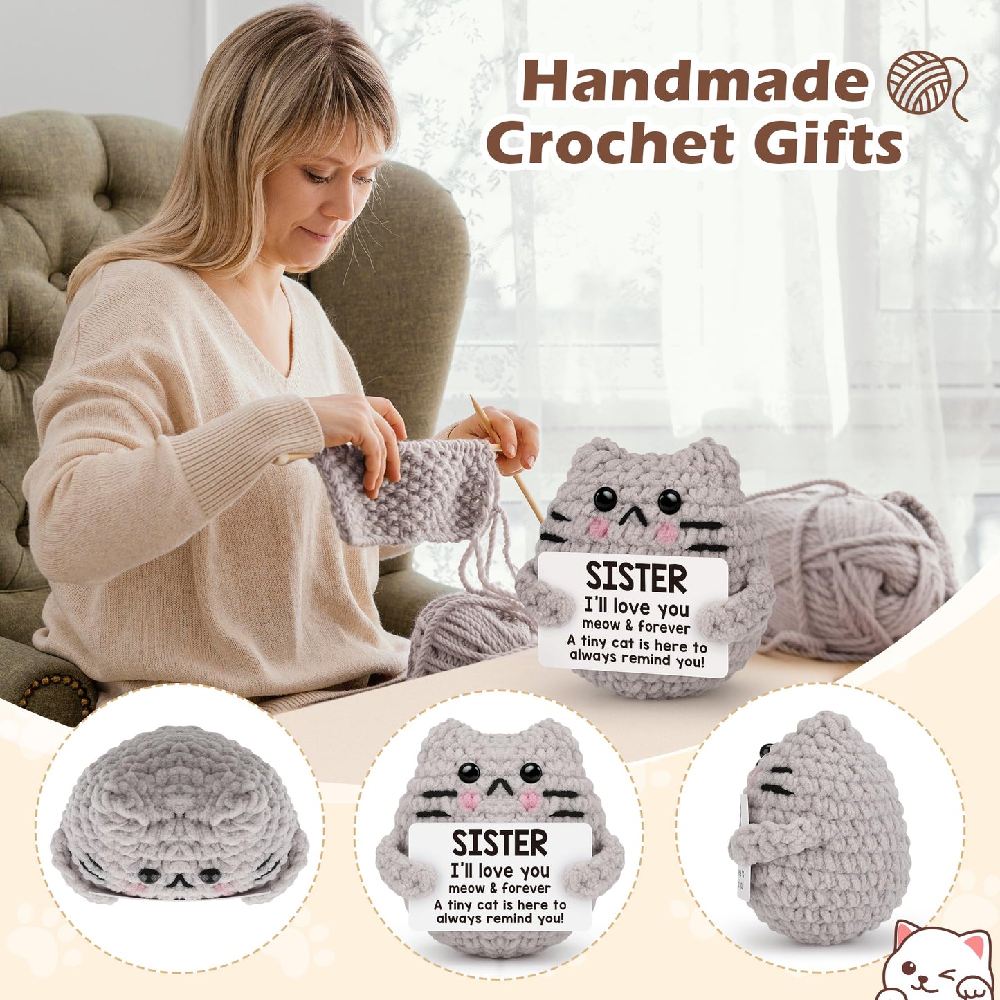 tGifGLonyi Mothers Day Sister Gifts for Sisters Inspirational Love You Birthday Gifts for Sister Bestie Birthday Easter Basket Essentials Handmade Crochet Cat