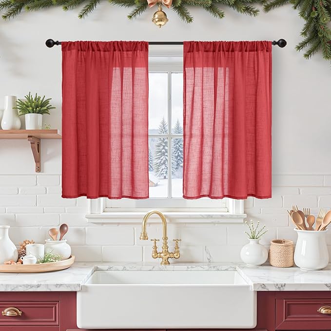 BGment Red Kitchen Curtains 36 Inch Length, Short Semi Sheer Drapes Lightweight Textured Rod Pocket for Bathroom Cafe Windows Over Sink, 2 Panels Set, Each 42 Inch Wide