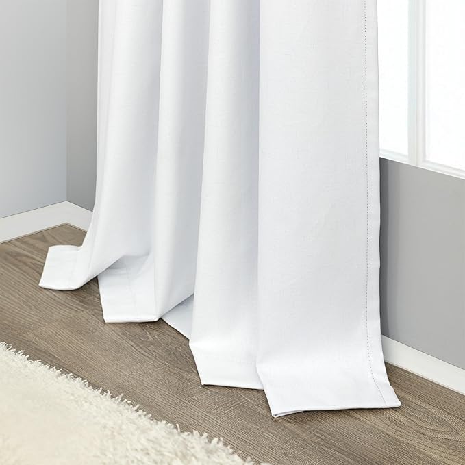 Black Out Curtains 72 Inch Long 6 ft Length 2 Panel Set Neutral Cute Blackout White Linen Look Living Room Darkening Window Drape for Bedroom Insulated Thermal Curtain for Winter Cold UV Cooling 52x72