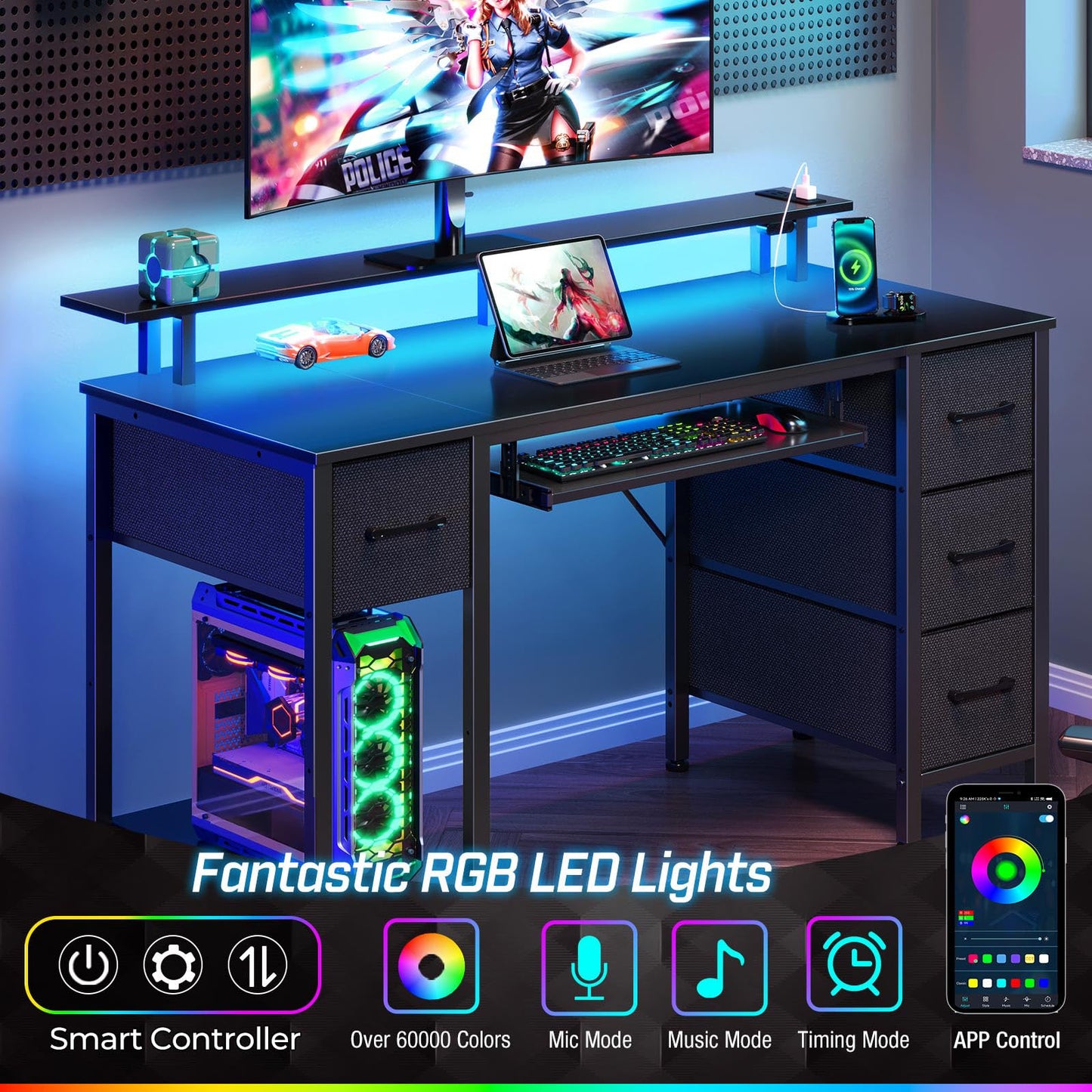 Seventable Computer Desk 47.2" with LED Lights & Power Outlets, Home Office Desk with 4 Drawers, Writing Desk with Keyboard Tray, Study Table with Monitor Stand, Work Desks for Home Office, Black