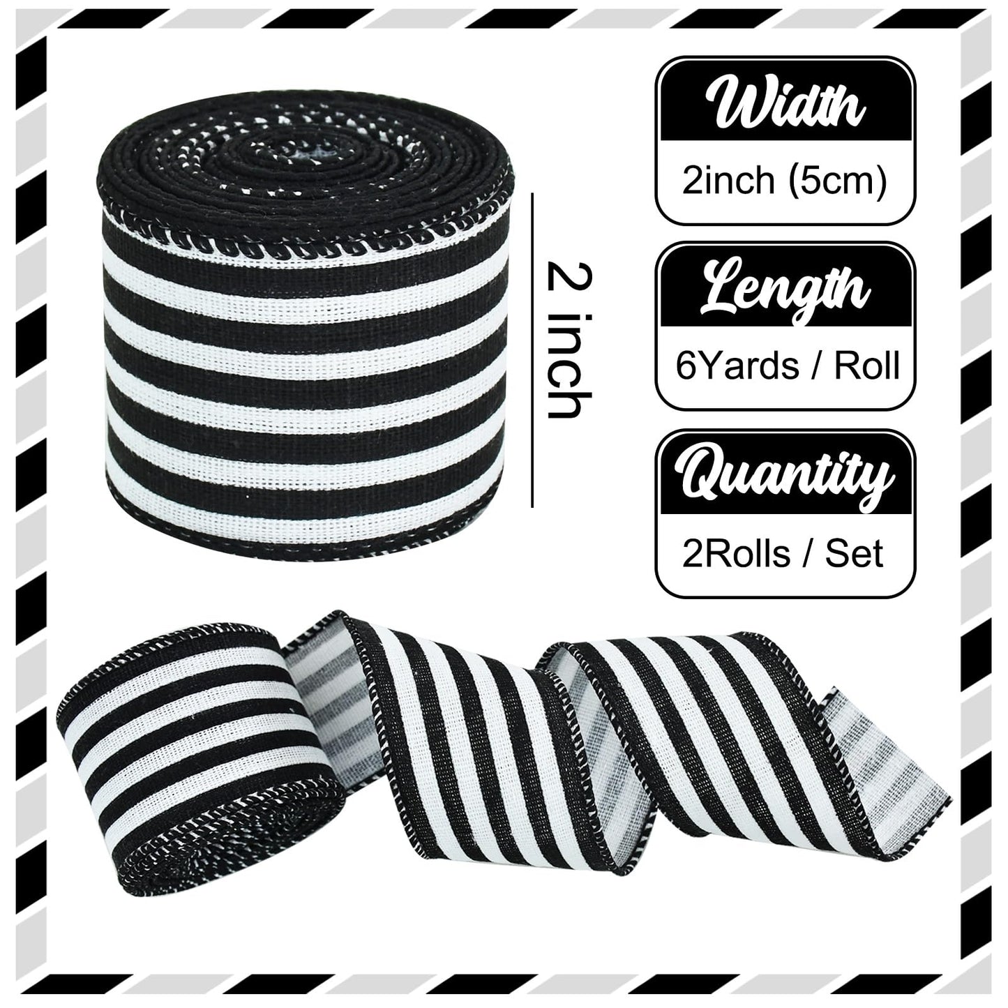 TONIFUL 2 Rolls-2 Inch Black Striped Wired Ribbon, Black and White Stripe Wired Ribbon for Gift Wrapping, Indoor, Bows Making, Wedding Birthday Party Decoration (6yds/roll)