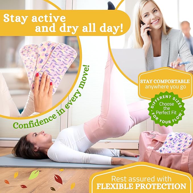 Non-Slip Premium Reusable Period Pads for Light Flow (S+M, 6-Pack); High-Temp Washable Organic Cotton Cloth Pad for Women & Teens; Non-Irritating Reusable Pads Menstrual for Comfortable Period Care