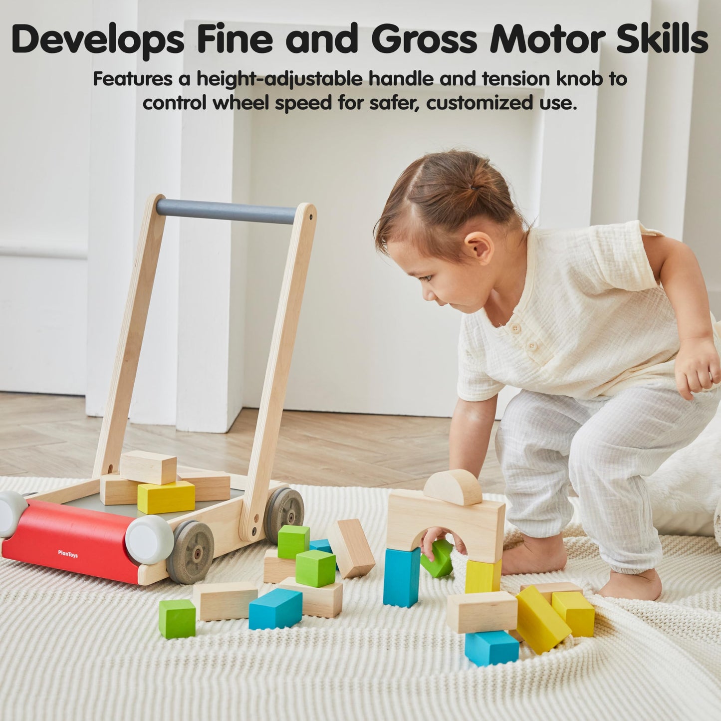 PlanToys® Baby Walker Wooden Push Toy for First Steps & Balance | Montessori Developmental Toy for Coordination & Confidence | Eco-Friendly Learning Toy