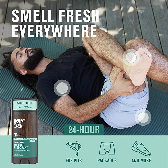 Every Man Jack All Over Deodorant - 24 Hour Whole Body Odor Protection - Aluminum Free - Coastal Surf Scent 2.6 oz (1 Pack)