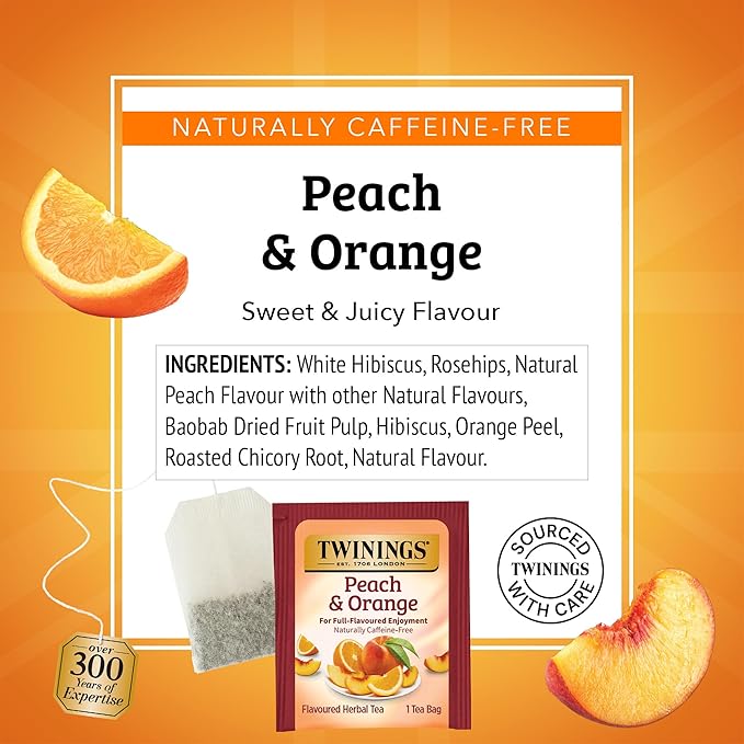 Twinings Peach & Orange Herbal Tea Individually Wrapped Bags, 20 Count (Pack of 1), Juicy & Fruity, Naturally Caffeine-Free, Enjoy Hot or Iced, 20 Teabags