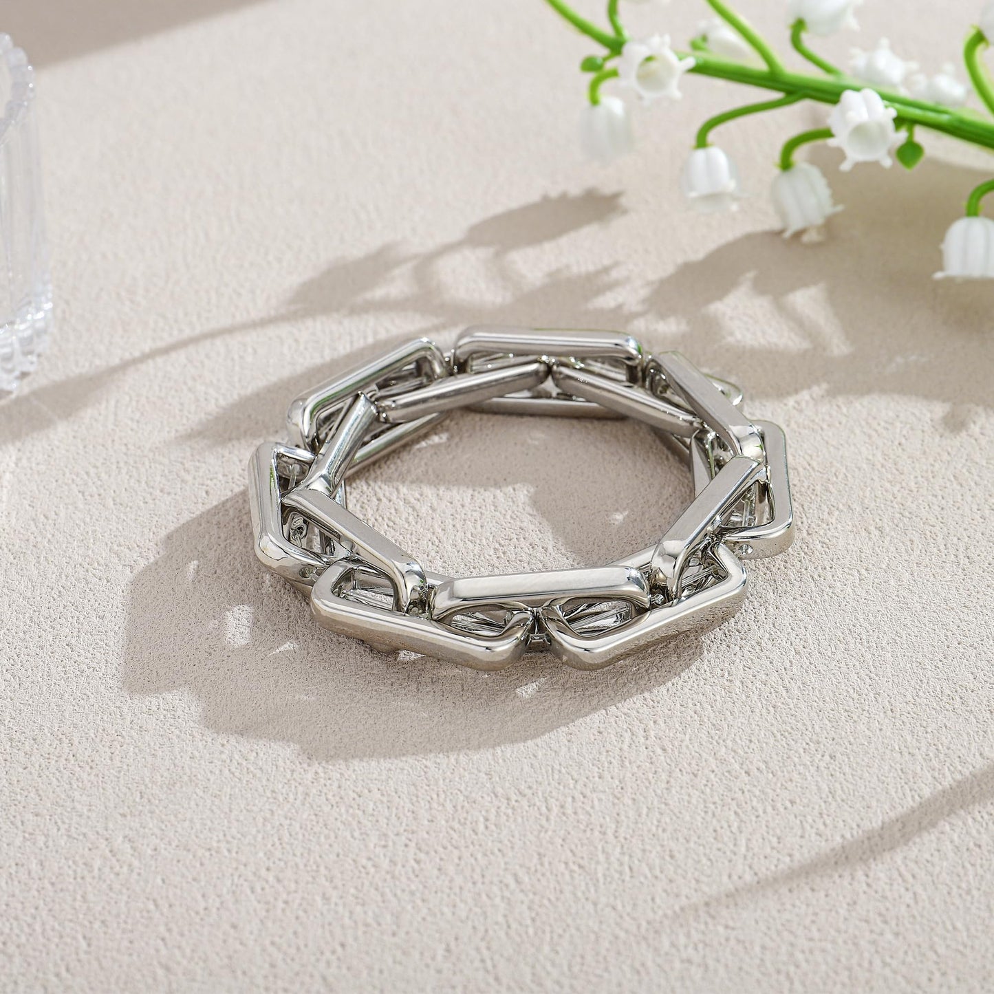 WOWORAMA Silver-Plated Chunky Chain Bracelet for Women Trendy Stretch Square Link Bracelets Paperclip Chain Bracelets Thick Chunky Statement Bracelet