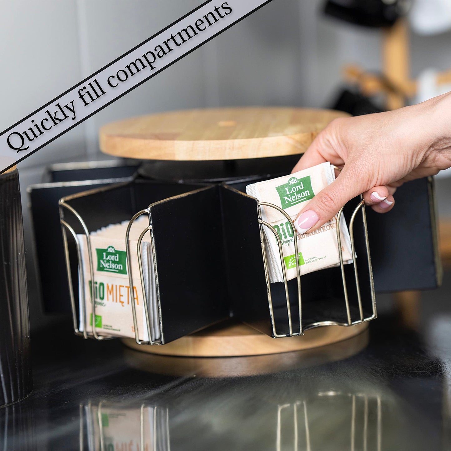 Made Easy Kit Metal Carousel Tea Bag Organizer & Kettle Stand Caddy- Modern Countertop Storage Solution for Tea Bags - Convenience for Home, Office, Kitchen (Black)