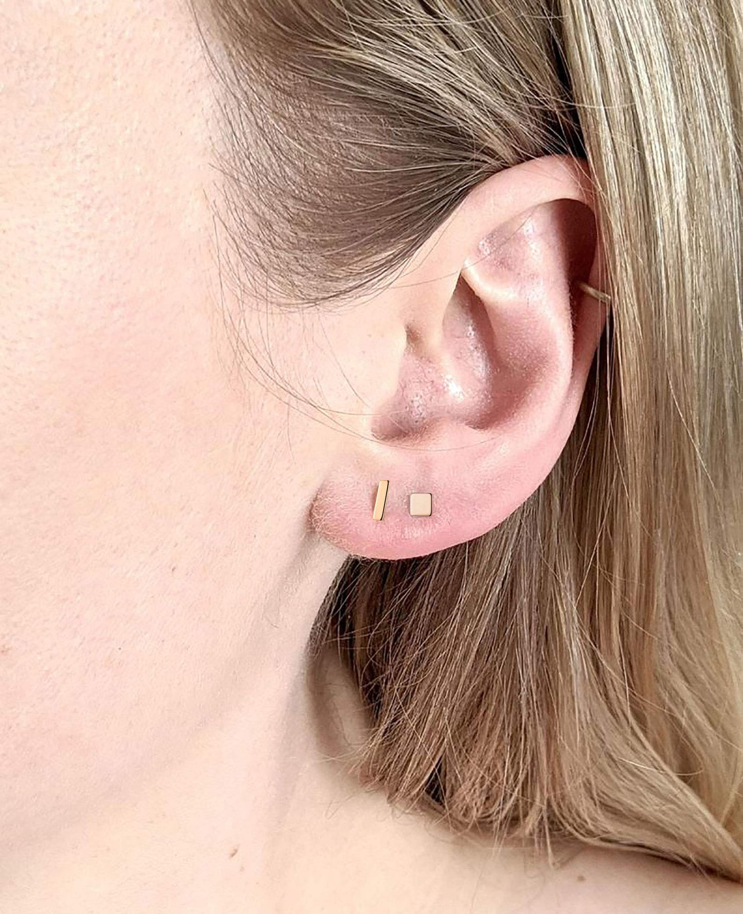 Sterling Silver Stud Earrings for Women Men- 4 Pairs of Hypoallergenic Simple Geometric Small Stud Earring Set Tiny Circle Triangle Square Bar Stud Earrings Mini Cartilage Tragus Earrings(Rose Gold)