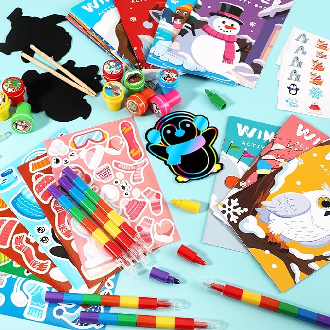 BenLouis Winter Party Favors Set Holiday Themed Coloring Book Classroom Gift Prizes Bulk for Students Kids Christmas Frozen Birthday Goodie Bag Stuffers Pinata Filler (24Set Animals)