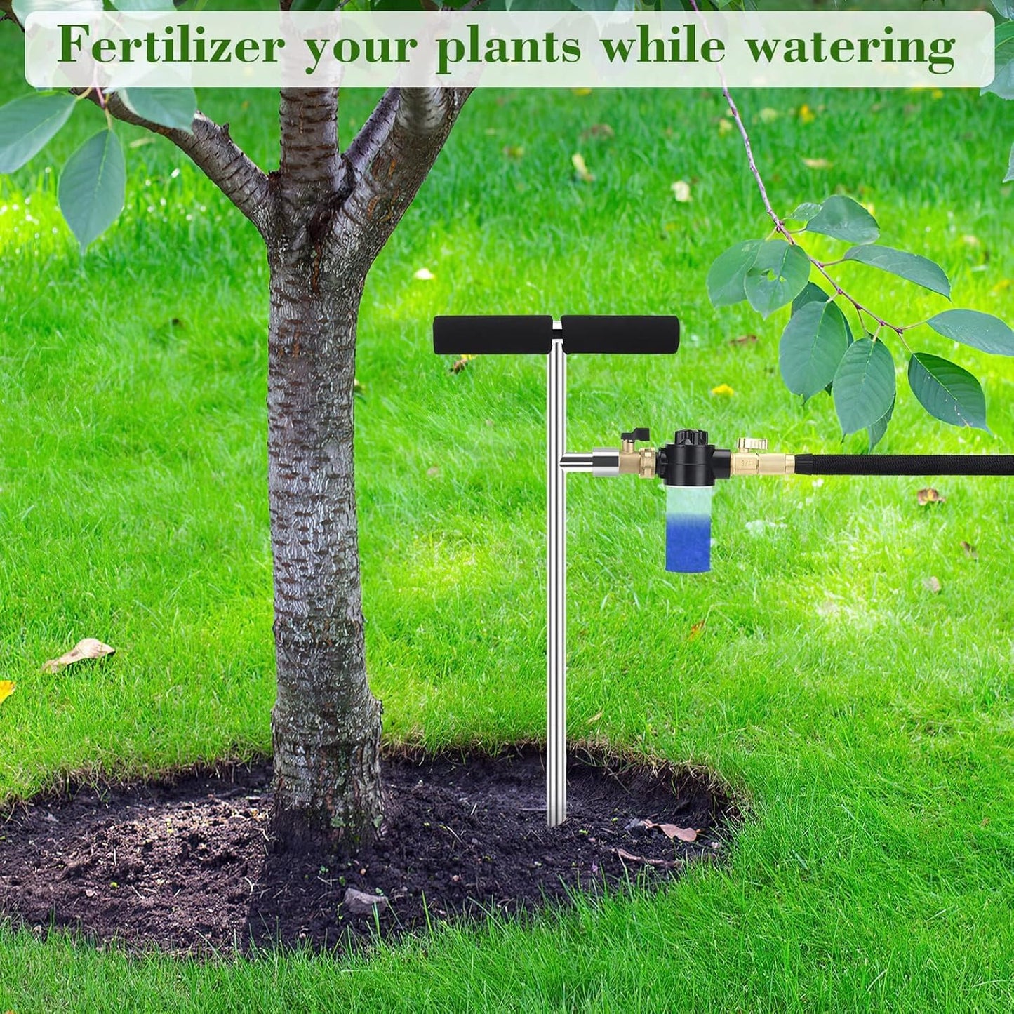 Caulimo Deep Root Watering Tool for Trees, Tree Watering Spike with Fertilizer Bottle, Stainless Steel Root Feeder for Garden, Orchard & Shrubs, Tree Irrigation System with Brass Valve, T-Handle
