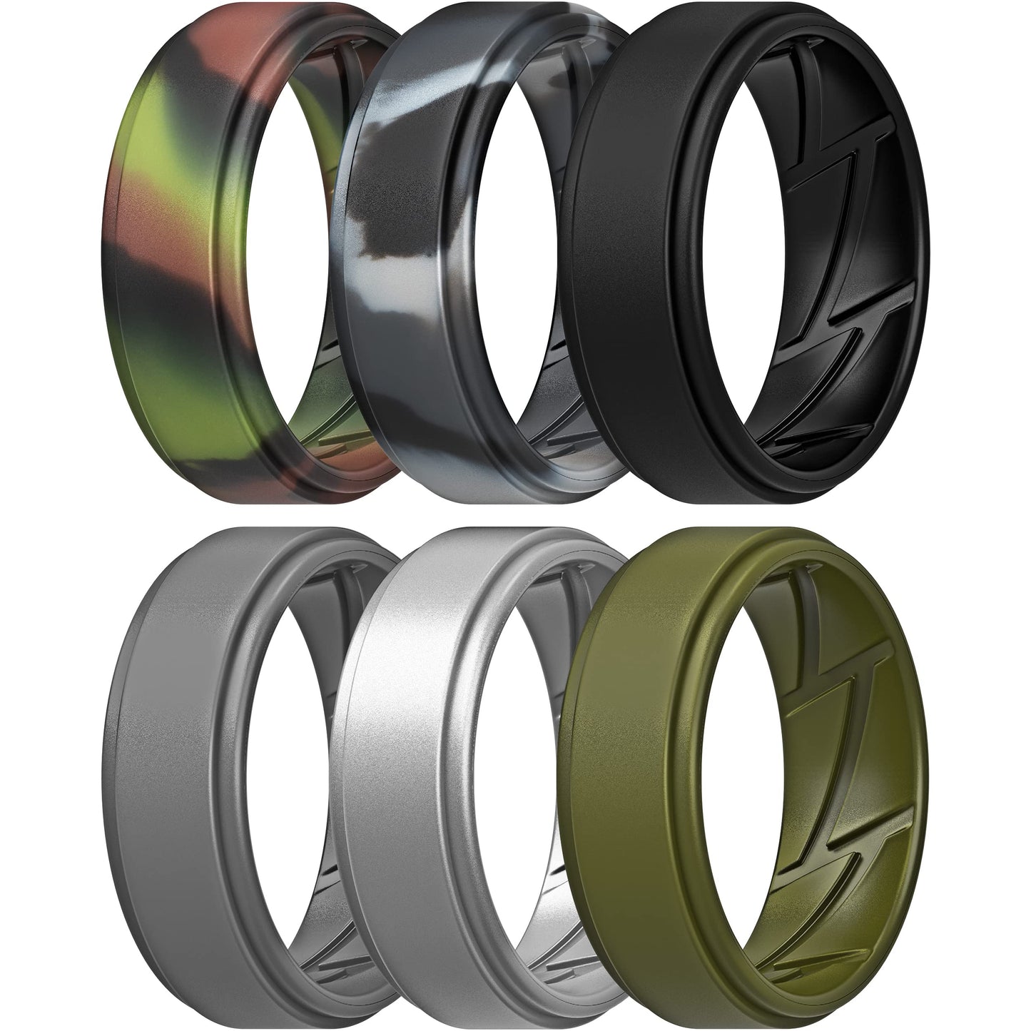 ThunderFit Silicone Wedding Rings for Men Breathable Airflow Inner Grooves, Step Edge Sleek Design Rubber Engagement Bands 8mm Wide 2mm Thick, Variety Multipack 1-7